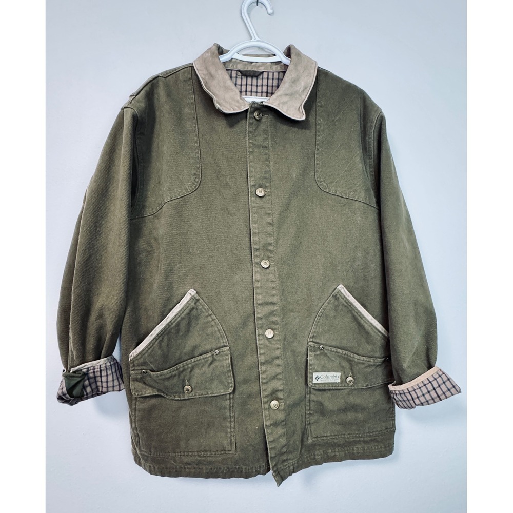 Vintage Columbia River Lodge Barn Chore Jacket Olive Green Flannel Lined Large - Picture 2 of 15